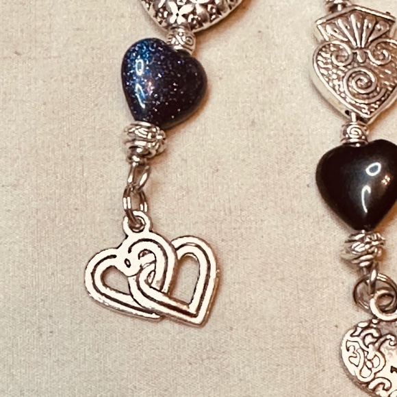 Silver Heart Keychain Bag Charm Glittery Blue Goldstone Hearts & 5 Silver Hearts - Picture 2 of 16